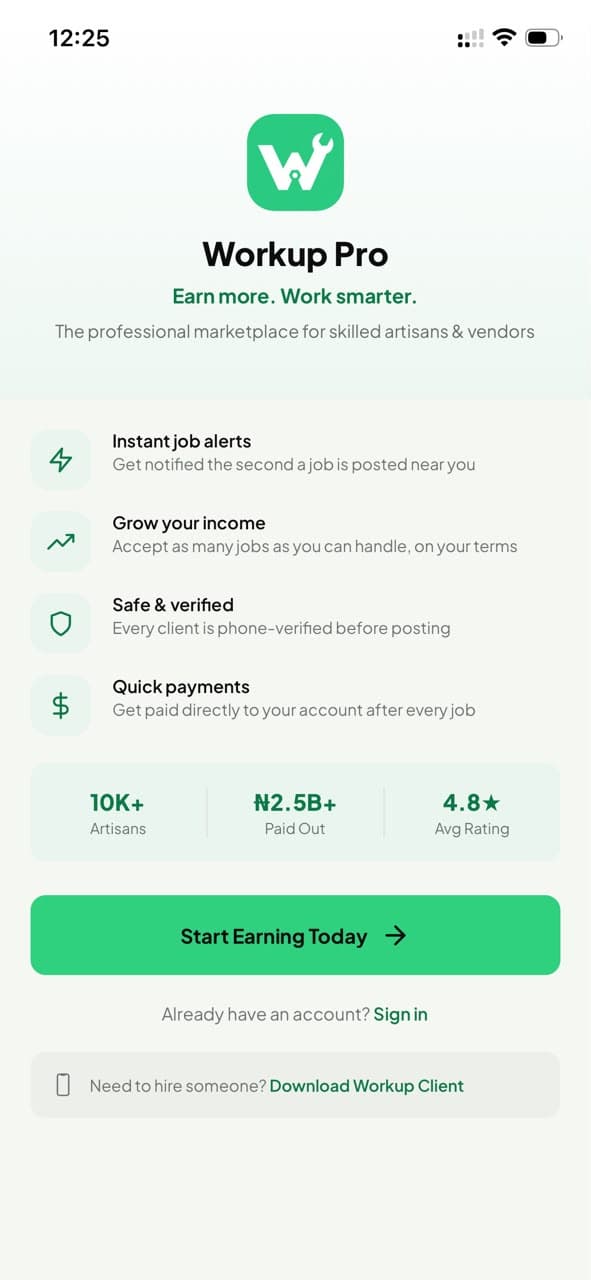 Workhup artisan app home screen showing service categories and how it works