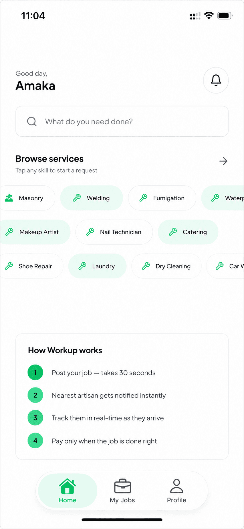 Workhup app home screen showing service categories and how it works